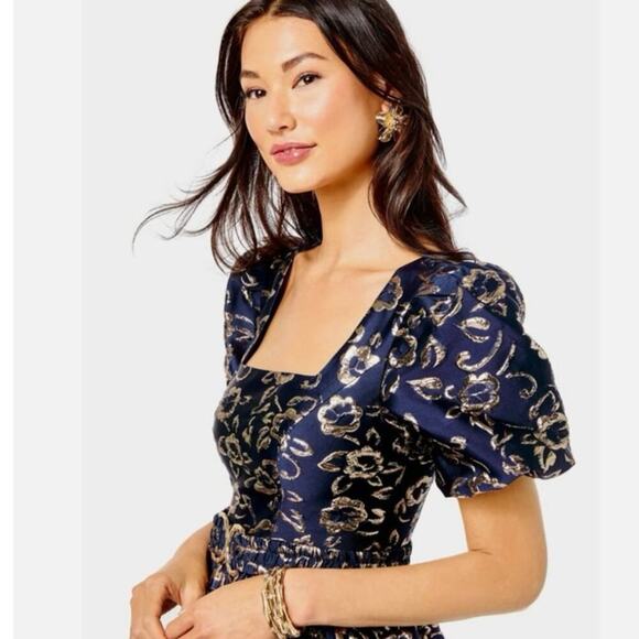Lilly Pulitzer Kasslyn Navy Gold Puff Floral Brocade Party Pocket Dress Size 6 - Picture 6 of 14